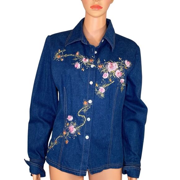 Revue Floral Embroidered Denim Jean Shirt Womens Size 8 Button Down Long Sleeve - Picture 1 of 6